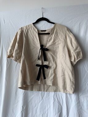 Zara Cream Short Puff Sleeve Blouse with Black Tie Bows